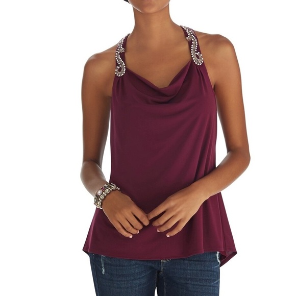NEW White House Black Market Embellished Racer Back Top Burgundy Size XS - Picture 2 of 3